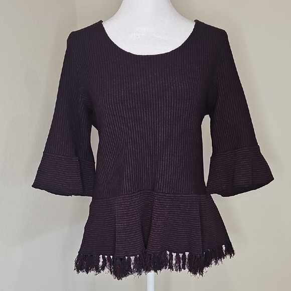 Ann Taylor Sweaters - Ann Taylor Purple/Navy Stripe Peplum Sweater Bell Sleeves Fringe Hem Sz M